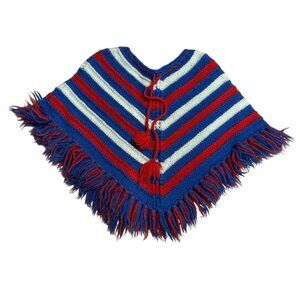 Childs Poncho Vintage Handmade Knitted Fringe Trim Bold Stripes Red White Blue